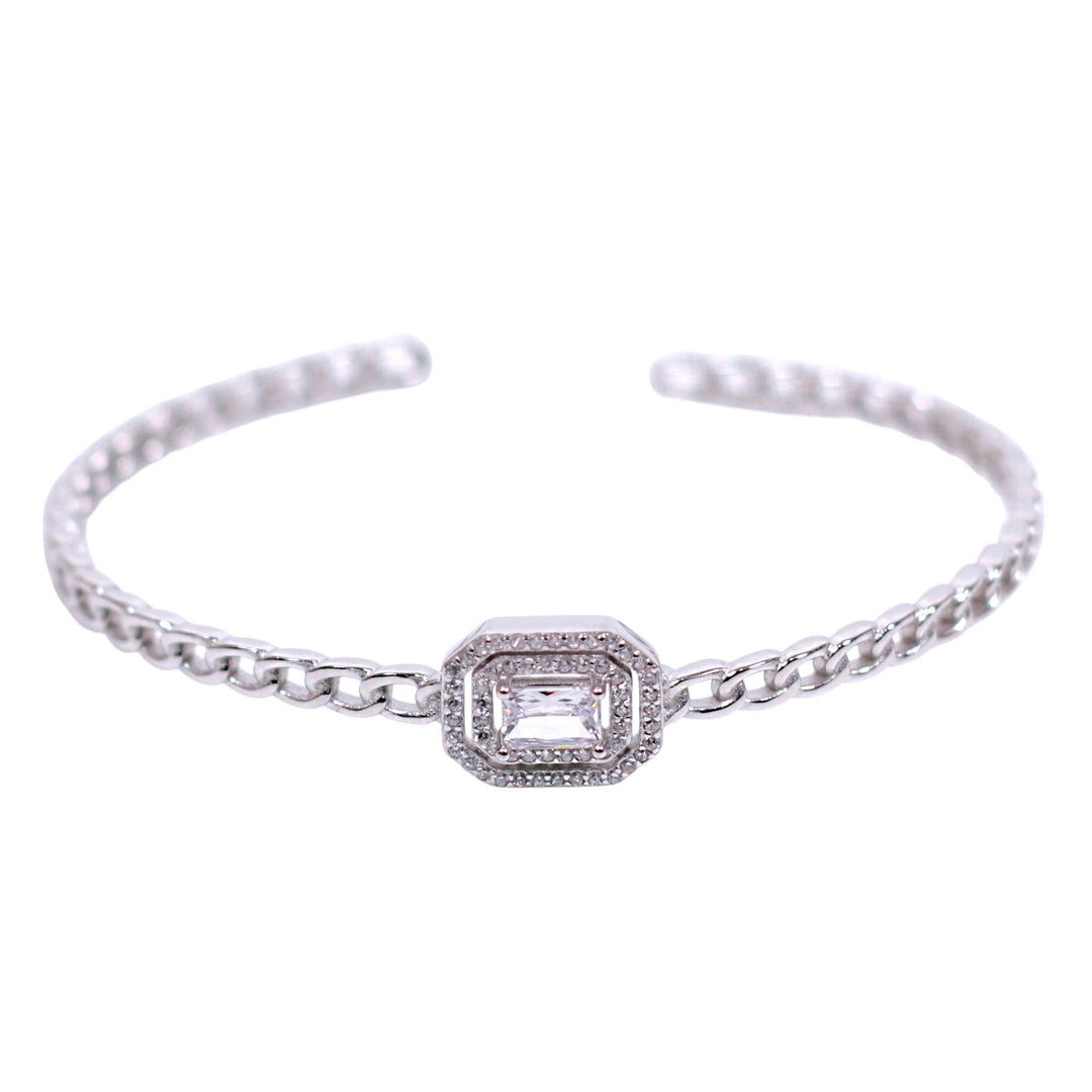 925 Sterling Silver Rhodium Adjustable Finish Rectangular CZ Bangle for Women
