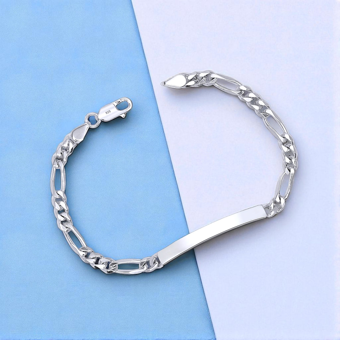 925 Sterling Silver Figaro Chain ID Bracelet for Mens