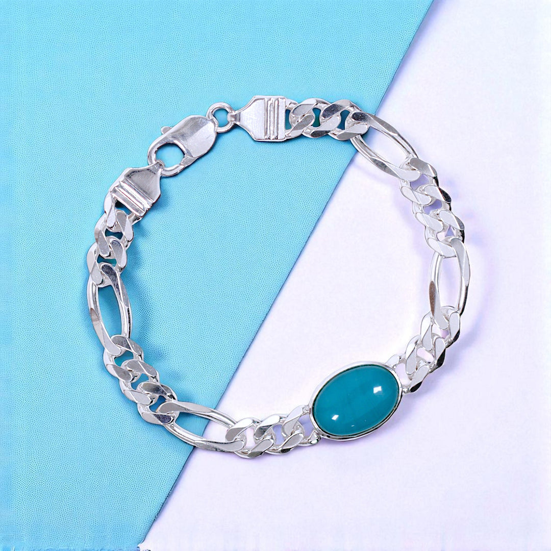 925 Sterling Silver Men's Figaro Chain Bracelet with Firoza Stone