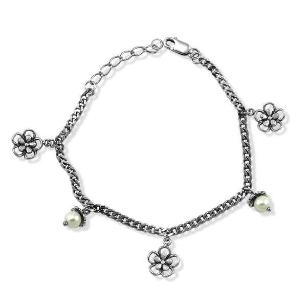 Taraash 925 Sterling Floral Pearl Silver Bracelet | Silver Bracelet For Women | Silver Bracelet