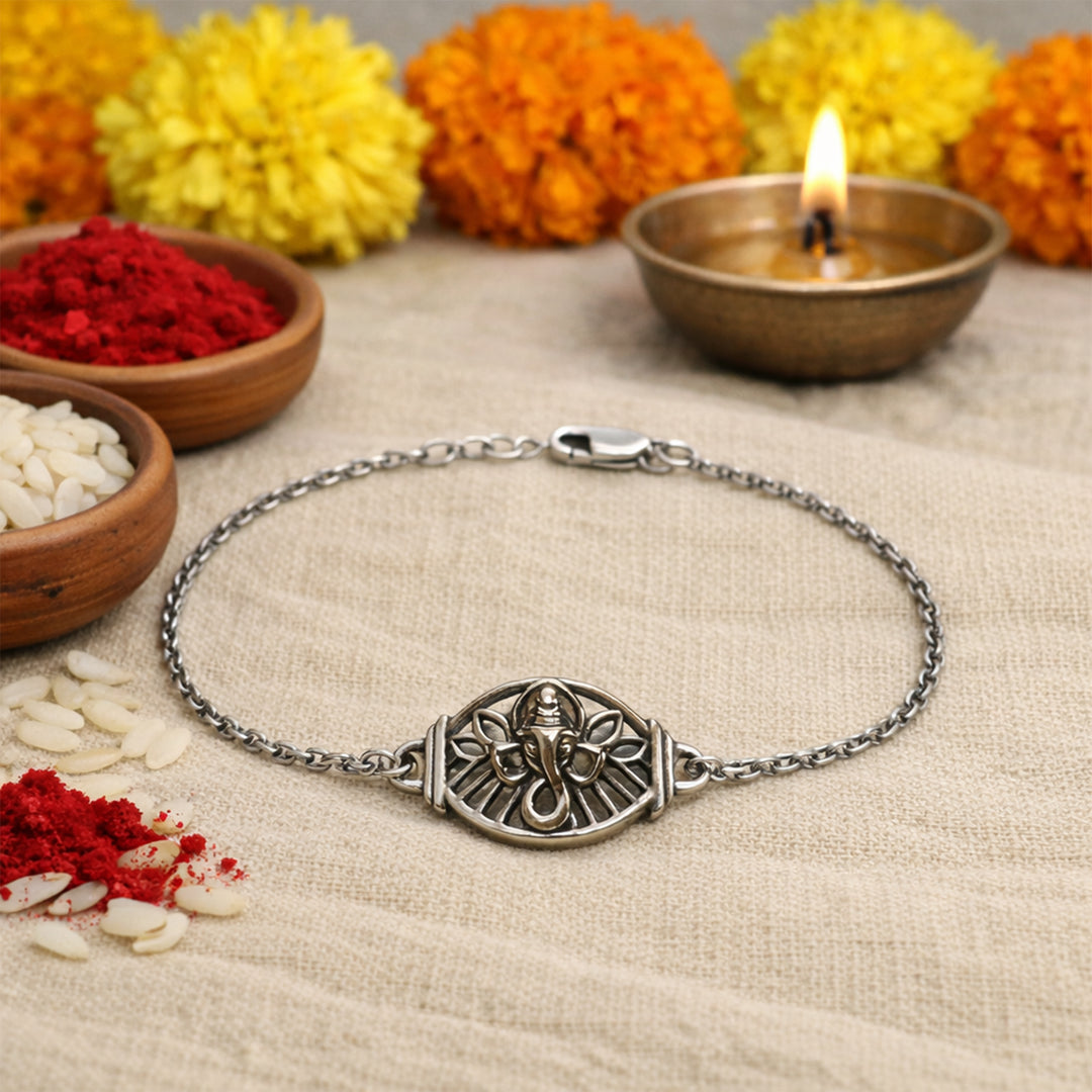 925 Sterling Silver Antique-Finish Ganesha 8 inch Rakhi for Brother