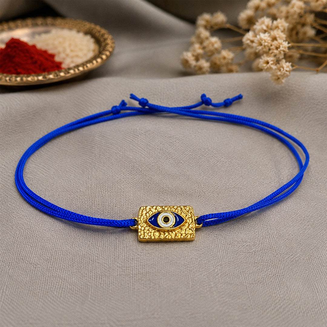 Evil Eye Gold Plated Blue Thread Chandi Rakhi for Brother