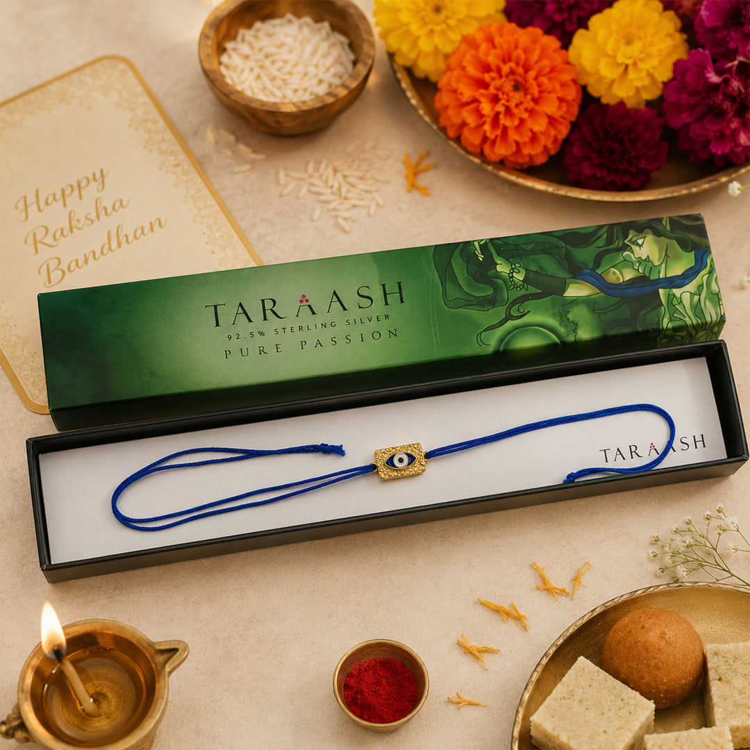 Evil Eye Gold Plated Blue Thread Chandi Rakhi for Brother