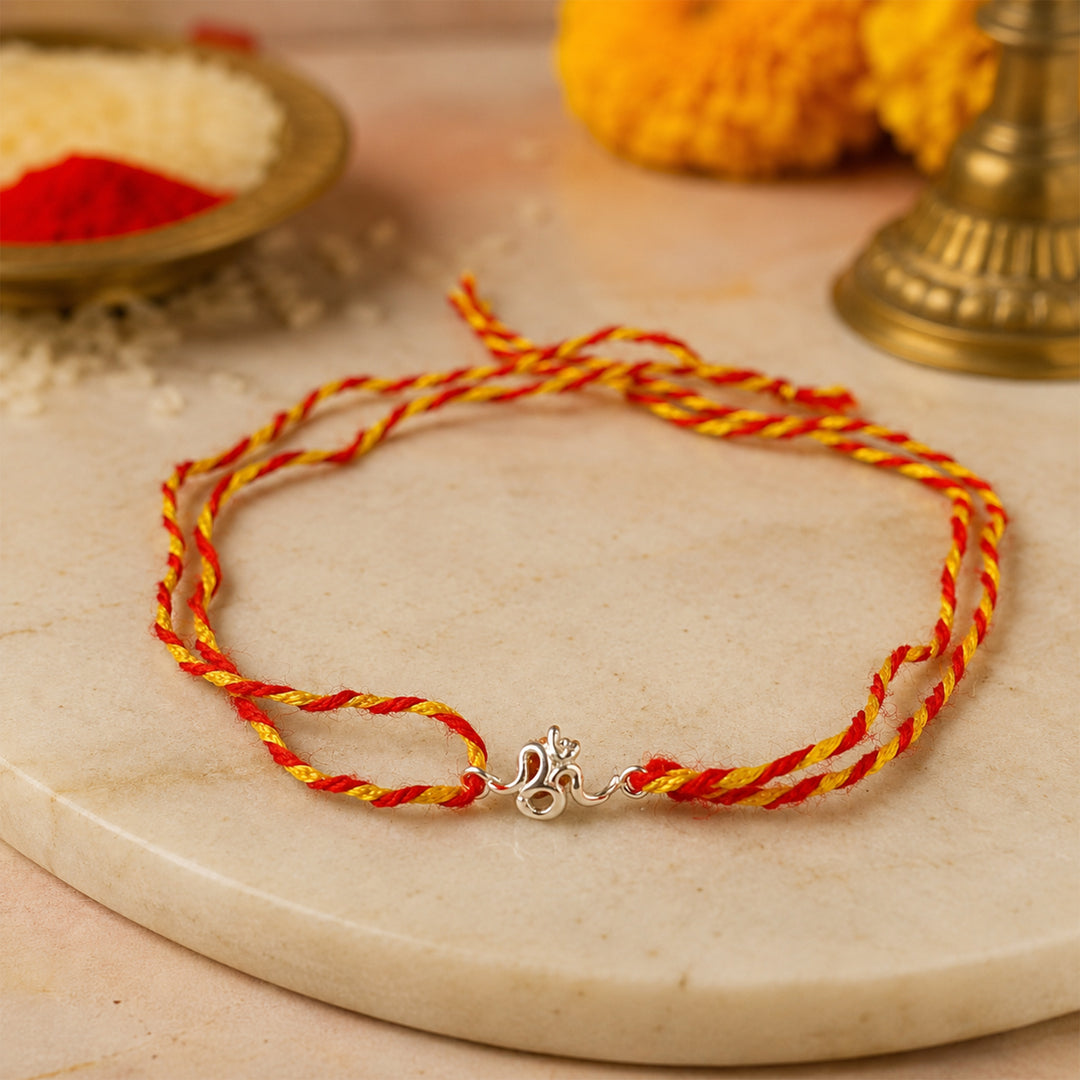 925 Silver Rudraksh Om Design Kalava Thread Rakhi for Men