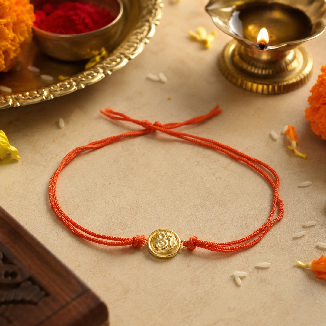 925 Pure Silver Om Charm Gold Plated Thred Rakhi for Brother