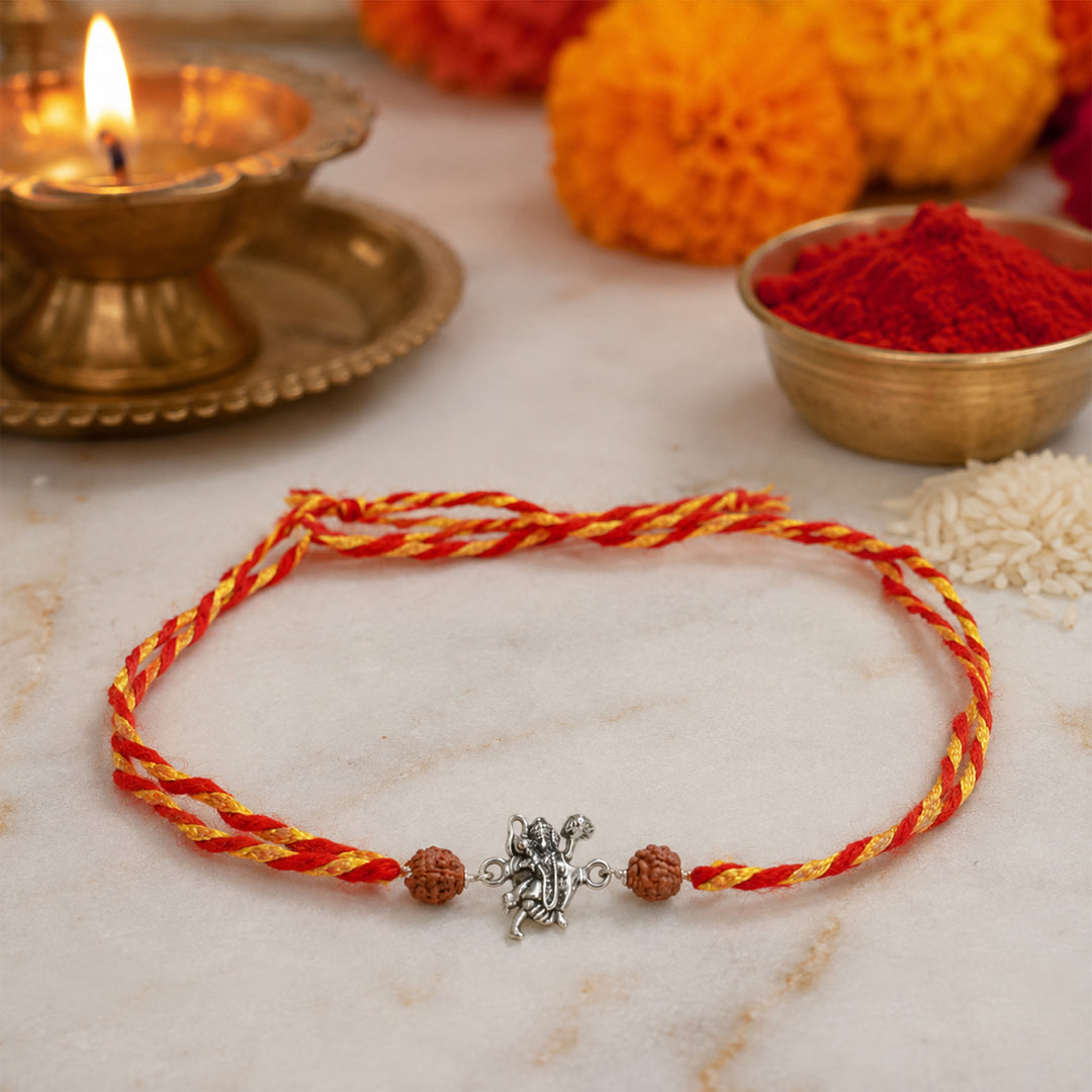 925 Pure Silver Hanuman Rudraksha Rakhi Bracelet for Bhai