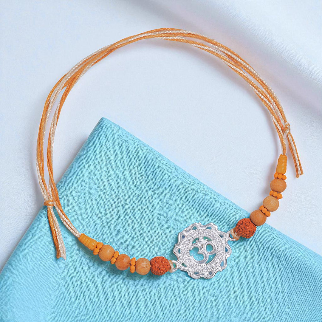 925 Sterling Silver Round Shape Om Rudraksha Beaded Rakhi for Brother