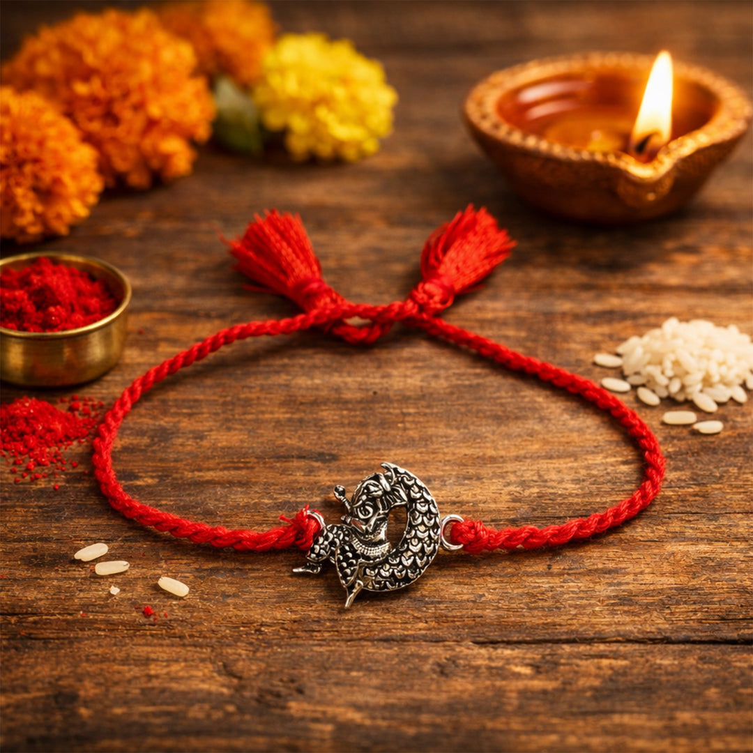 925 Pure Silver Rakhi Bracelet for Brother with Moon Ganesha