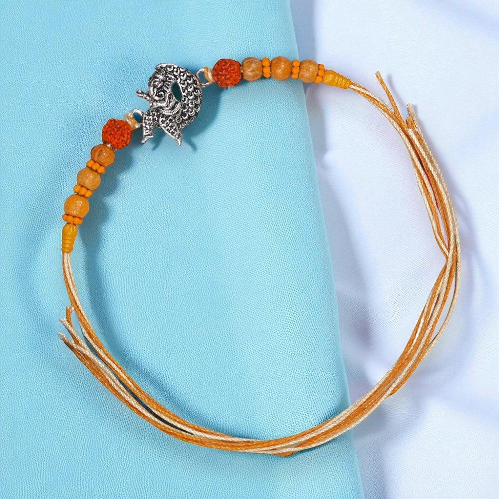 925 Sterling Silver Moon Ganesha With Rudraksha Beaded Rakhi for Brother