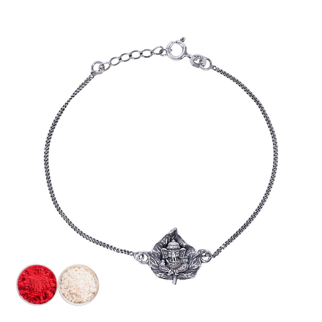925 Sterling Silver Ganesha in Leaf Antique Finish Rakhi Bracelet for Brother