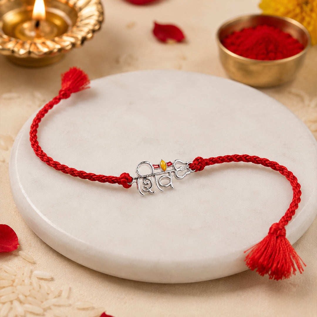 925 Silver Shiv Trishul Red Cotton Thread Rakhi for Brother