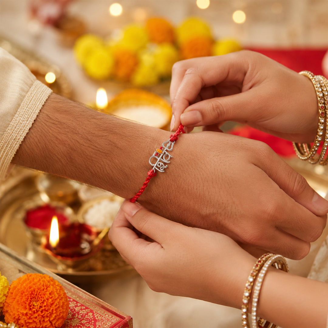 Shiv Trishul with Tripundra Red Thread Chandi Rakhi for Men