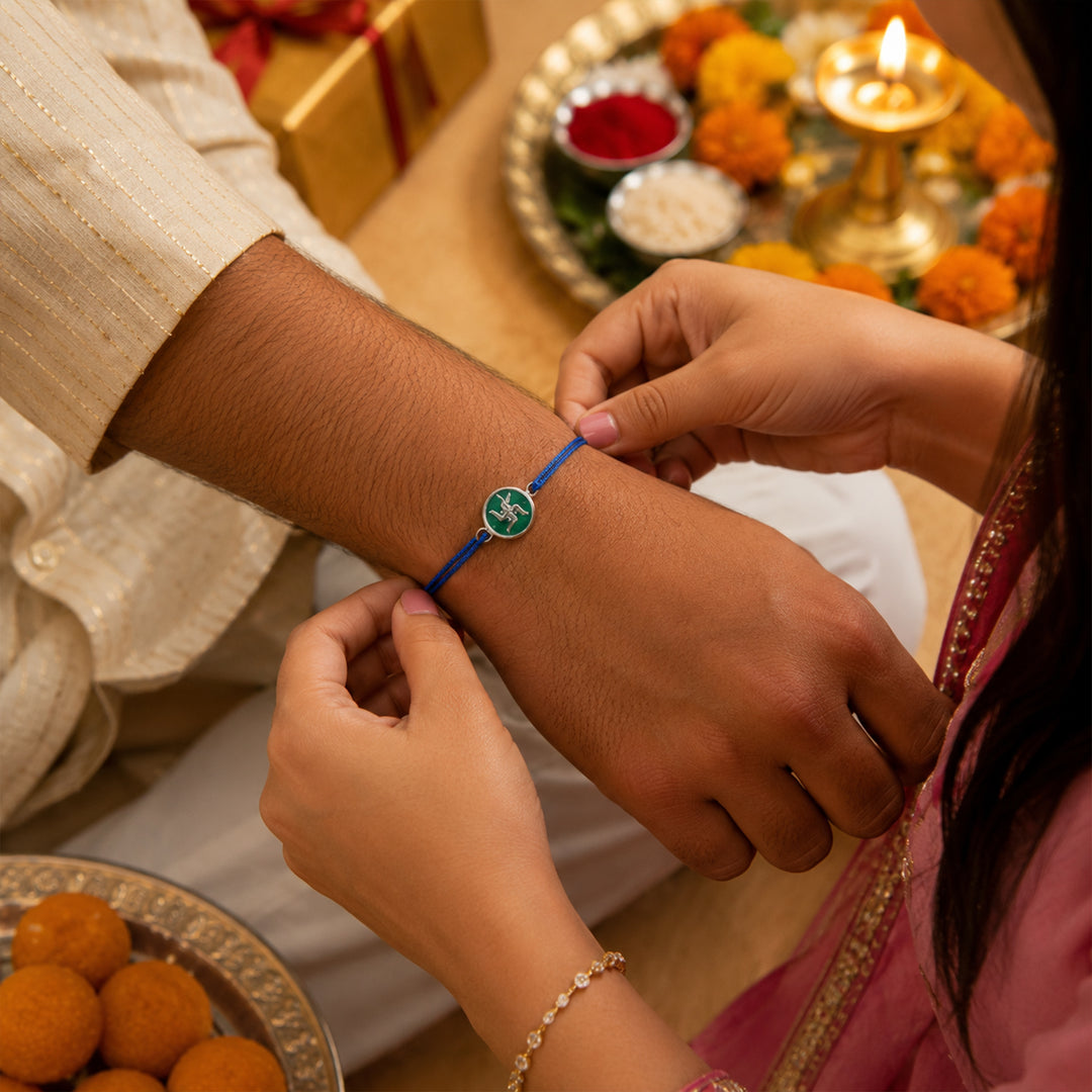925 Pure Silver Swastik Thred Rakhi Bracelet for Brother