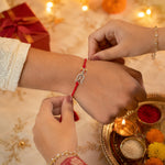 Load image into Gallery viewer, Trishul Damru Design Kesari Thread Rakhi For Brother Online
