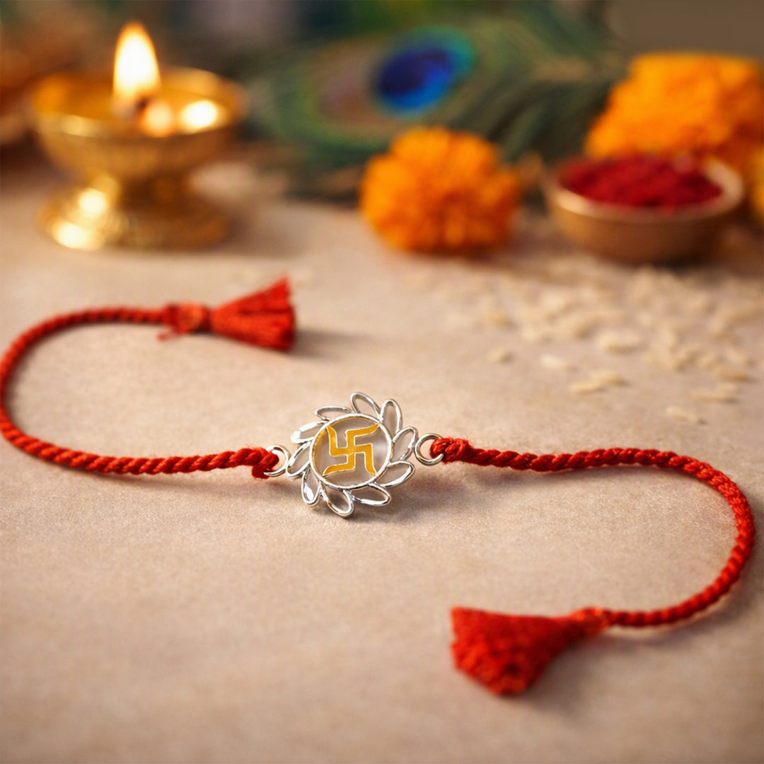Swastik Enamel Red Cotton Thread Chandi Rakhi for Brother
