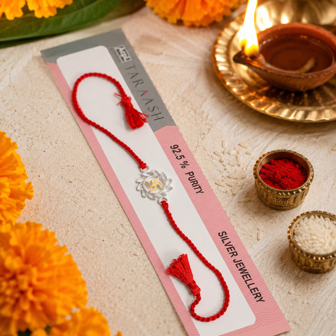 Swastik Enamel Red Cotton Thread Chandi Rakhi for Brother