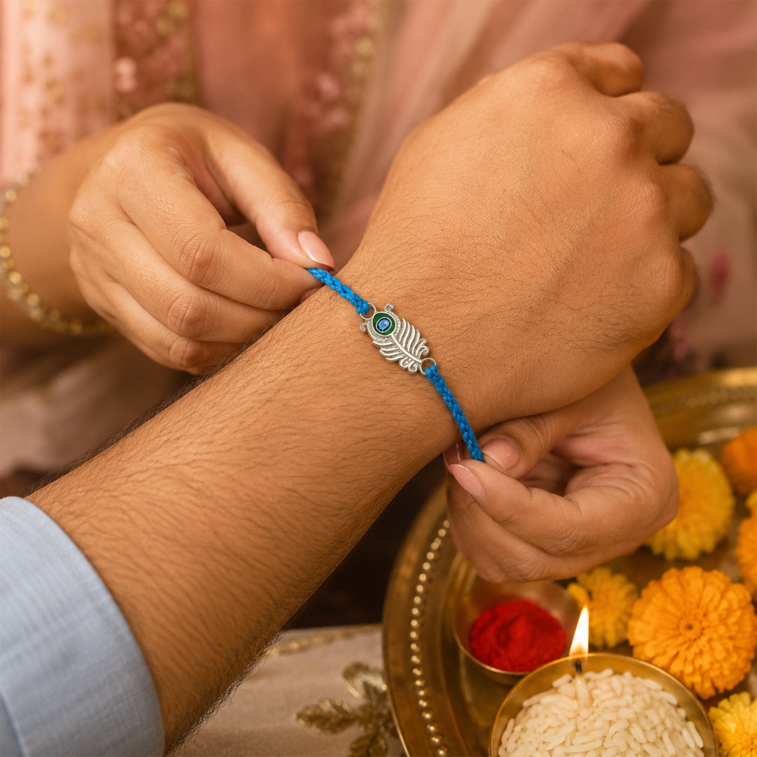 925 Sterling Silver Peacock Feather Thread Rakhi for Brother