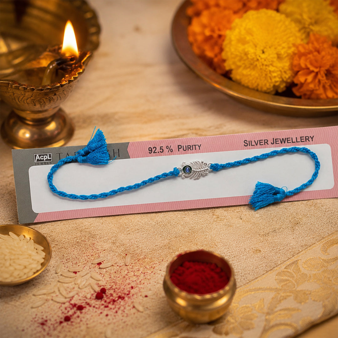 Peacock Feather Design Cotton Thread Chandi Rakhi for Men