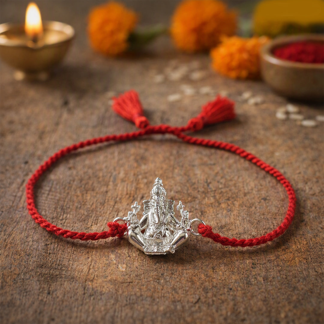 Lord Ganesha Red Cotton Thread Chandi Rakhi for Men Online
