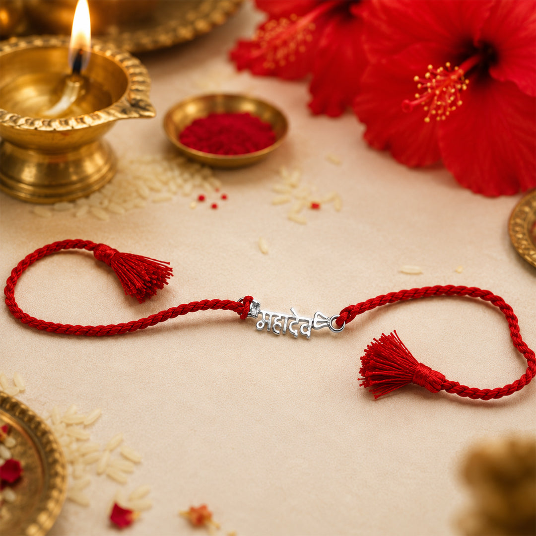 925 Sterling Silver Mahadev Design Red Thread Rakhi for Men