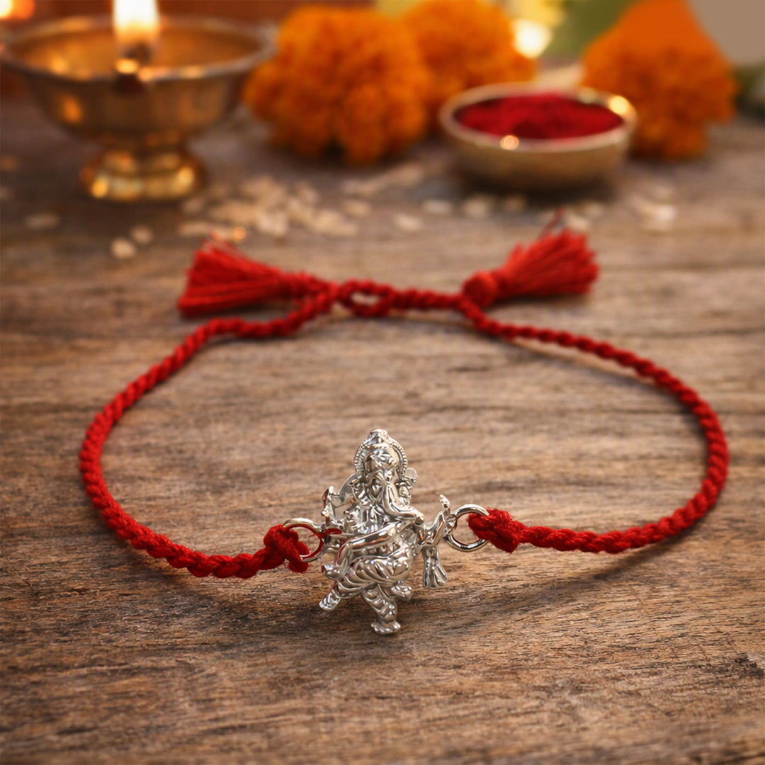 Dancing Ganesha Design Red Cotton Thread Rakhi for Brother