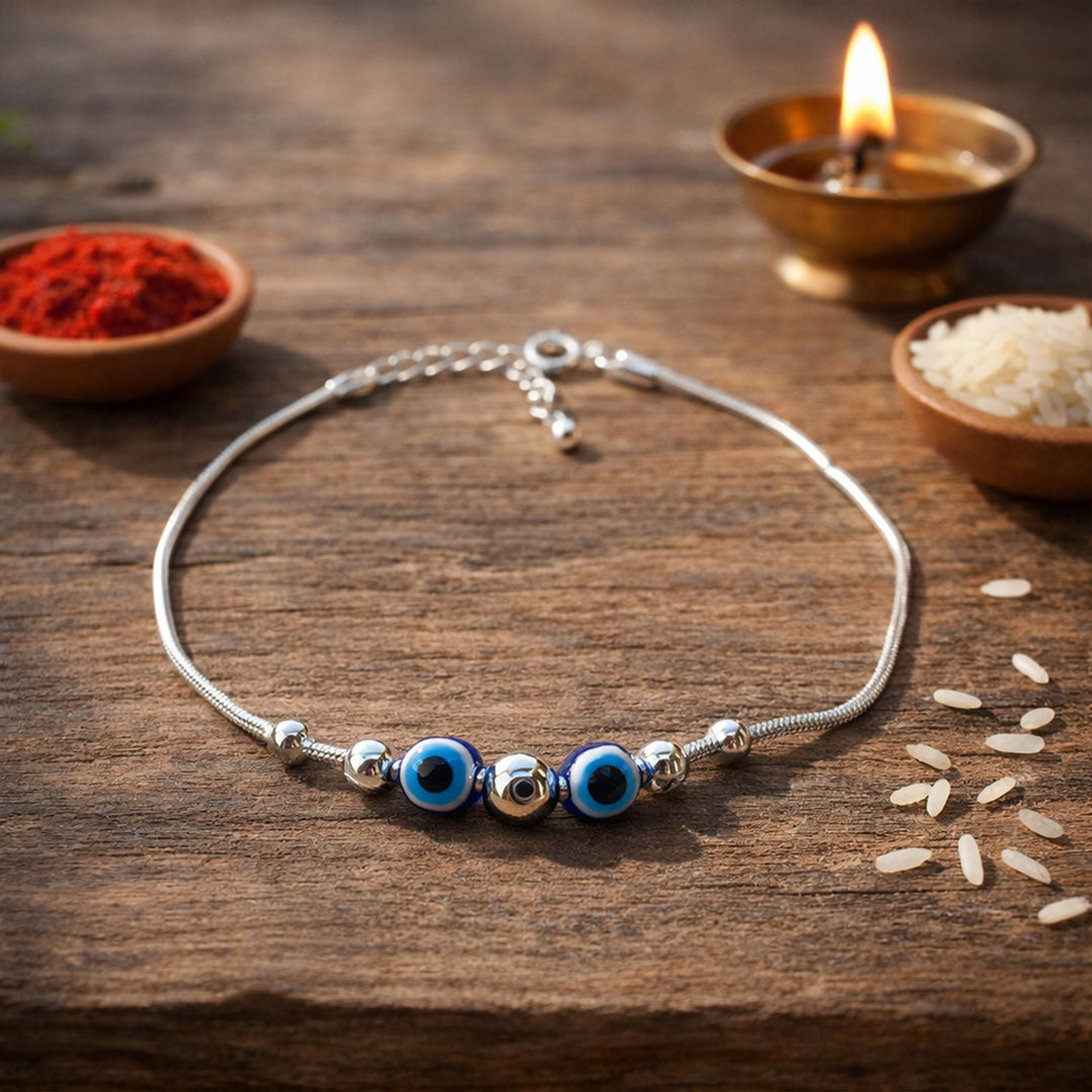 Evil Eye Design Beaded Chandi Rakhi Bracelet for Brother