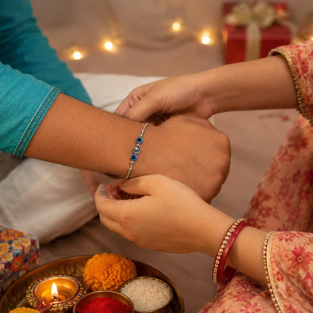 Evil Eye Design Beaded Chandi Rakhi Bracelet for Brother