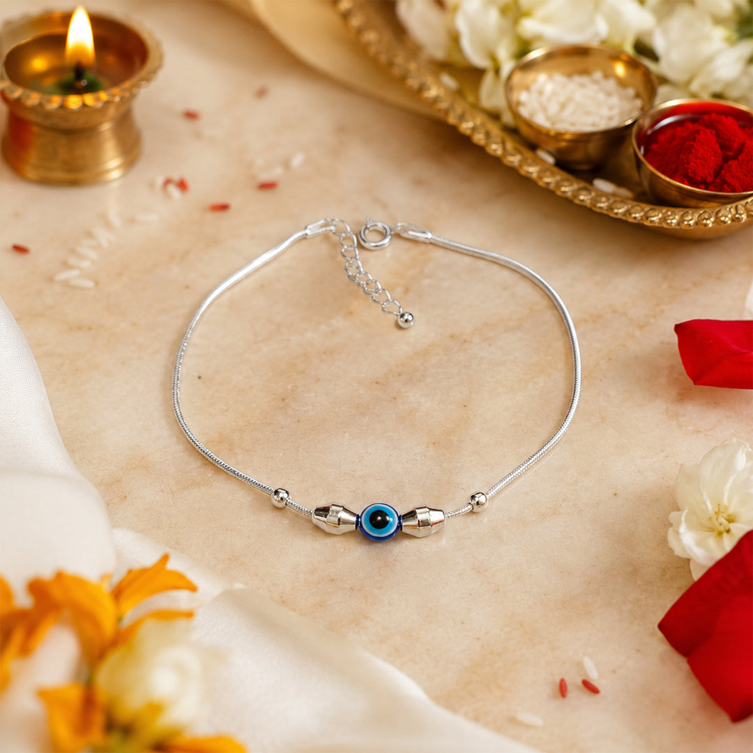 Evil Eye Beaded Design Chandi Rakhi Bracelet for Brother