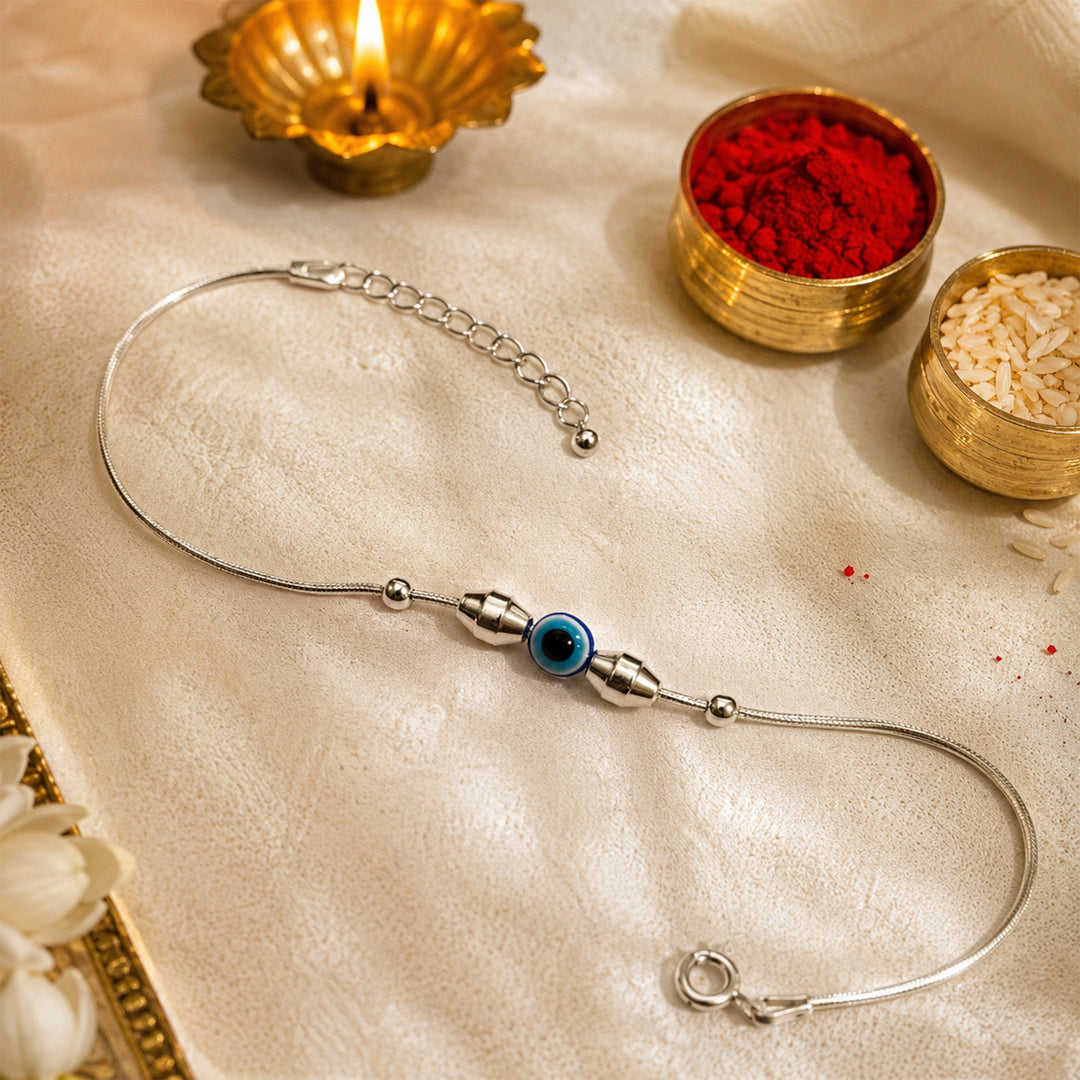 Evil Eye Beaded Design Chandi Rakhi Bracelet for Brother