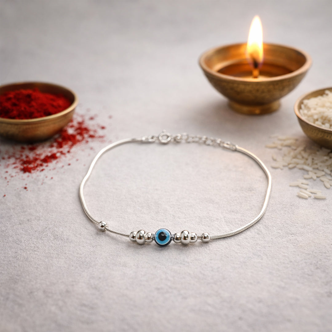 925 Pure Silver Evil Eye Beaded Rakhi Bracelet For Bhai