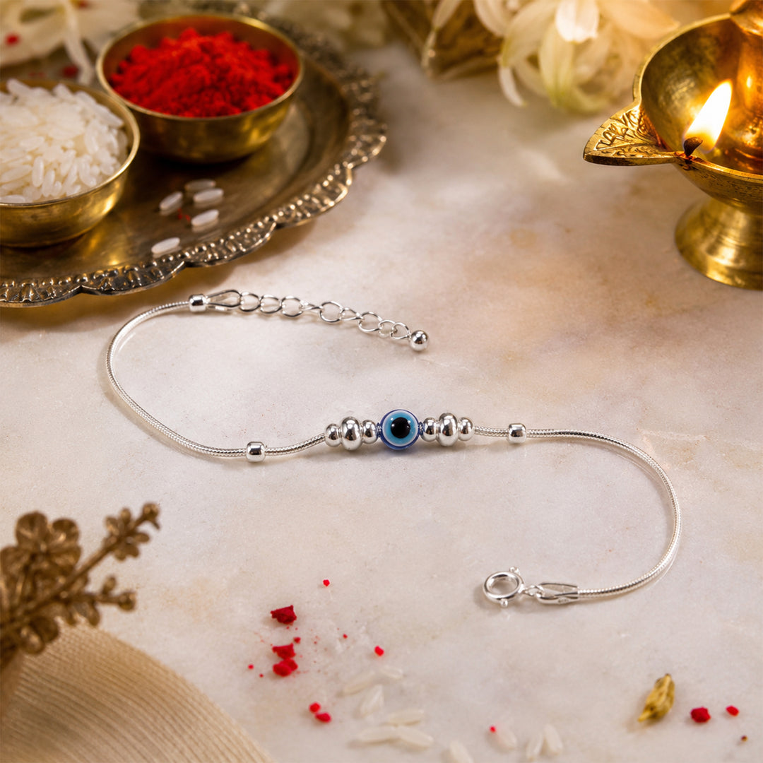 925 Pure Silver Evil Eye Beaded Rakhi Bracelet For Bhai