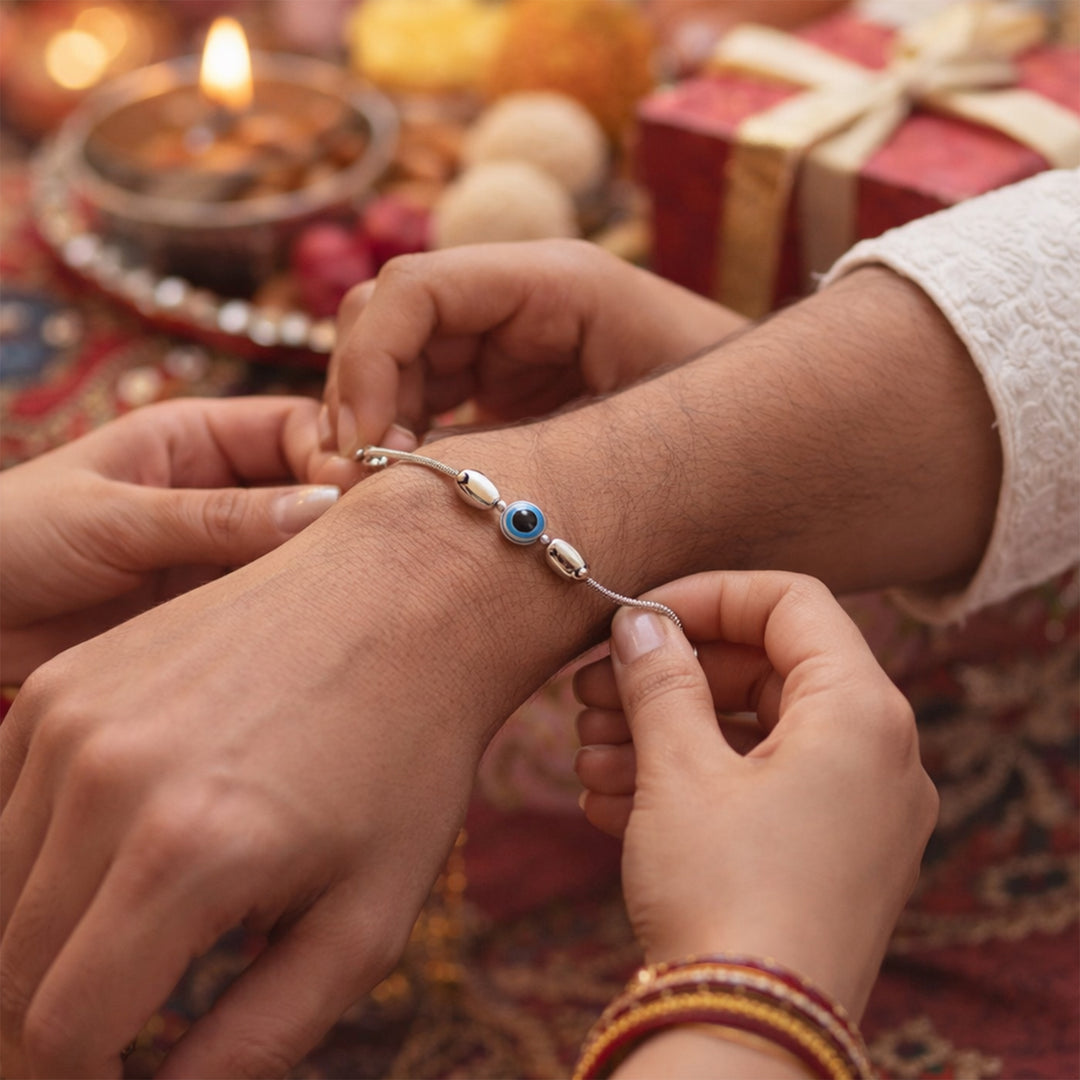 925 Pure Silver Evil Eye Beaded Rakhi Bracelet for Brother