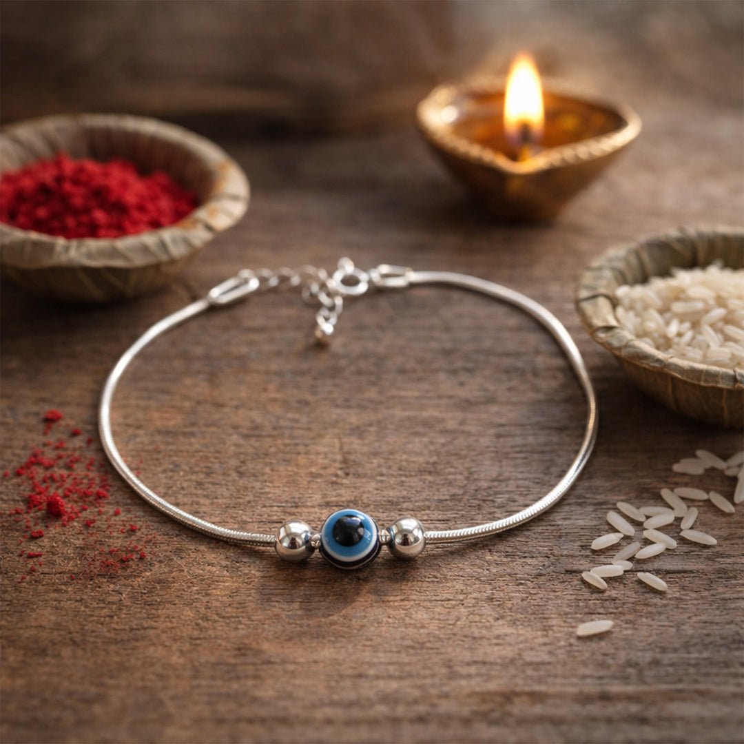 925 Pure Silver Evil Eye Beaded Rakhi Bracelet for Brother