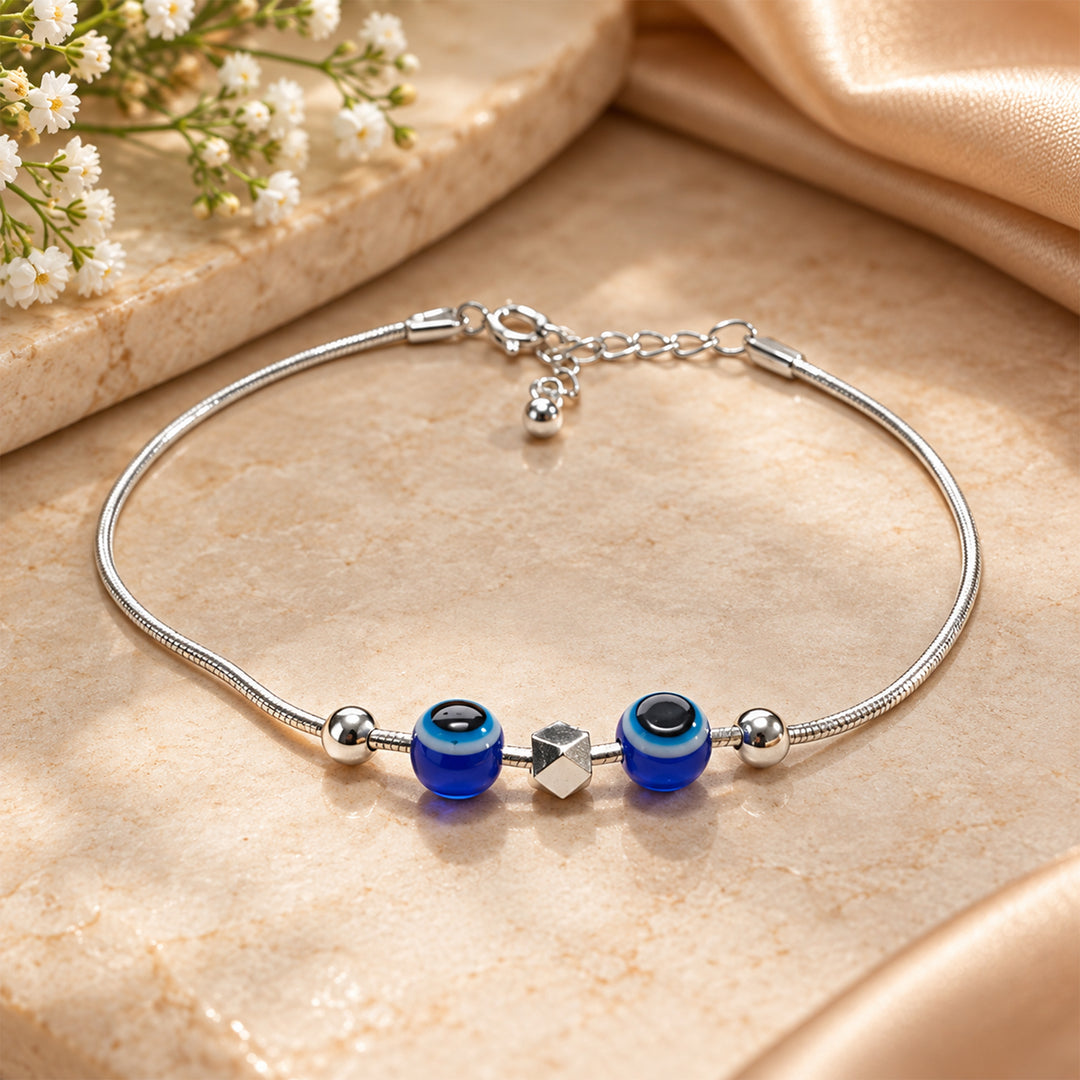 925 Pure Silver Faceted Cube Beaded Evil Eye Bracelet for Women