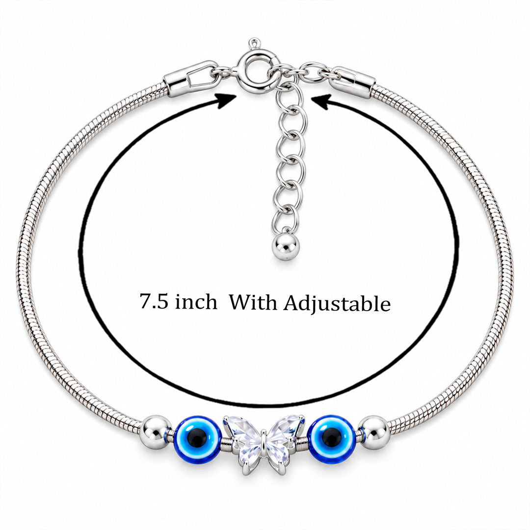 925 Sterling Silver Butterfly & Evil Eye Bead Bracelet for Women