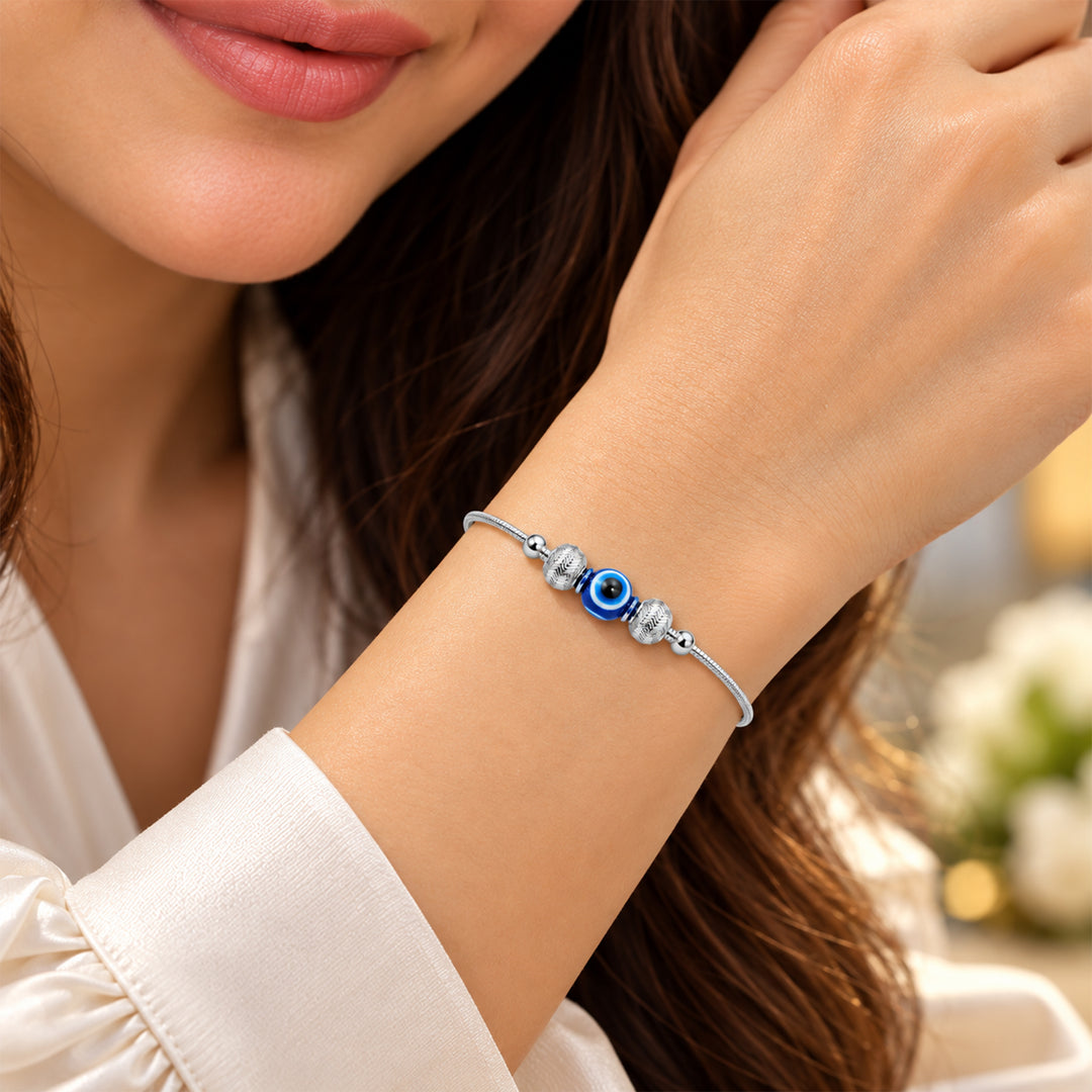 925 Pure Silver Diamond Cut Beaded Evil Eye Bracelet for Women