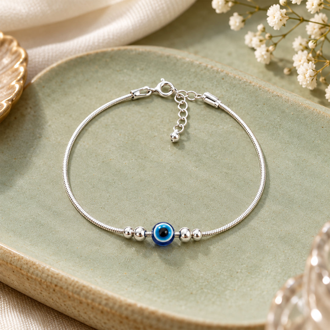 925 Sterling Silver Evil Eye & Plain Beads Bracelet for Women