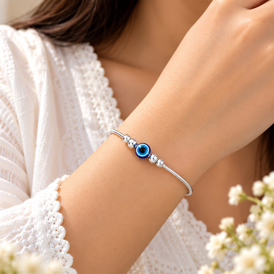 925 Sterling Silver Evil Eye & Plain Beads Bracelet for Women
