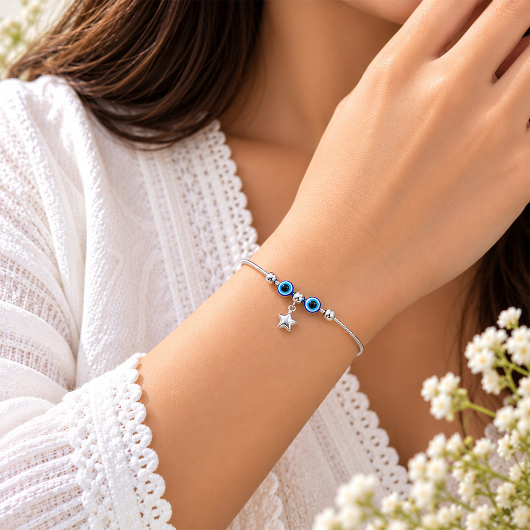 925 Sterling Silver Evil Eye Beads & Star Charm Bracelet for Women