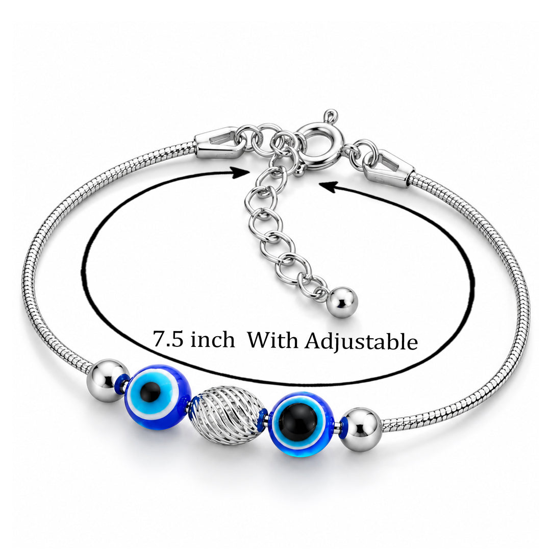 925 Sterling Silver Two Rope Beaded Evil Eye Bracelet For Women