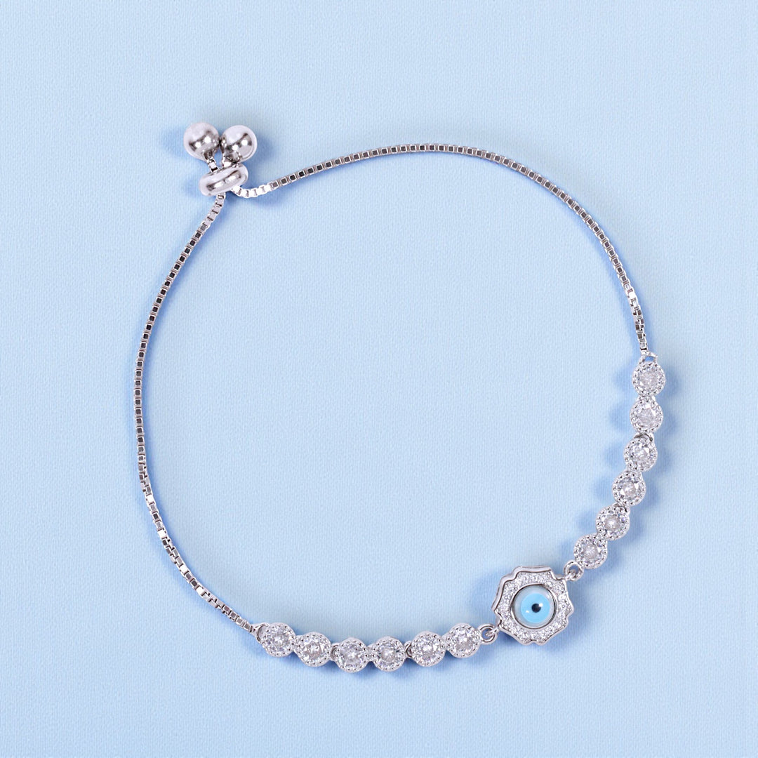 925 Sterling Silver Floral Shape Evil Eye Cz Bracelet For Women