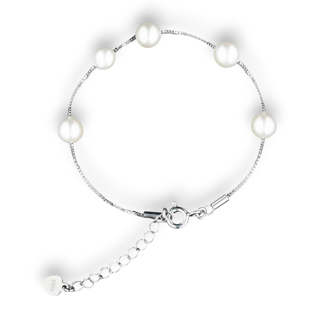 925 Sterling Silver with Rhodium Finish & Pearl Accent Chain Bracelet for Women
