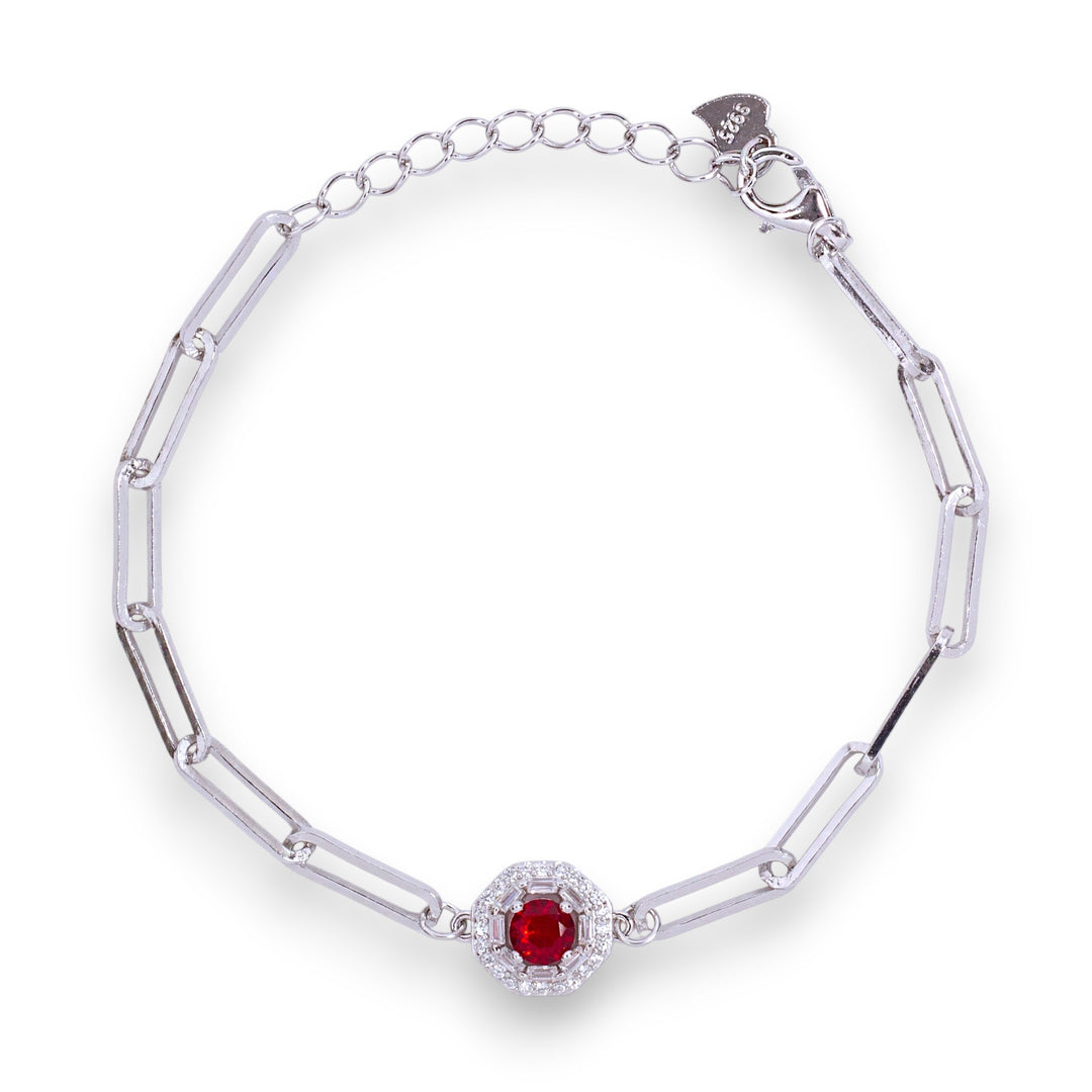 925 Sterling Silver Red CZ Circle Paper Link Chain Bracelet for Women