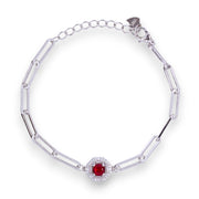 925 Sterling Silver Red CZ Circle Paper Link Chain Bracelet for Women