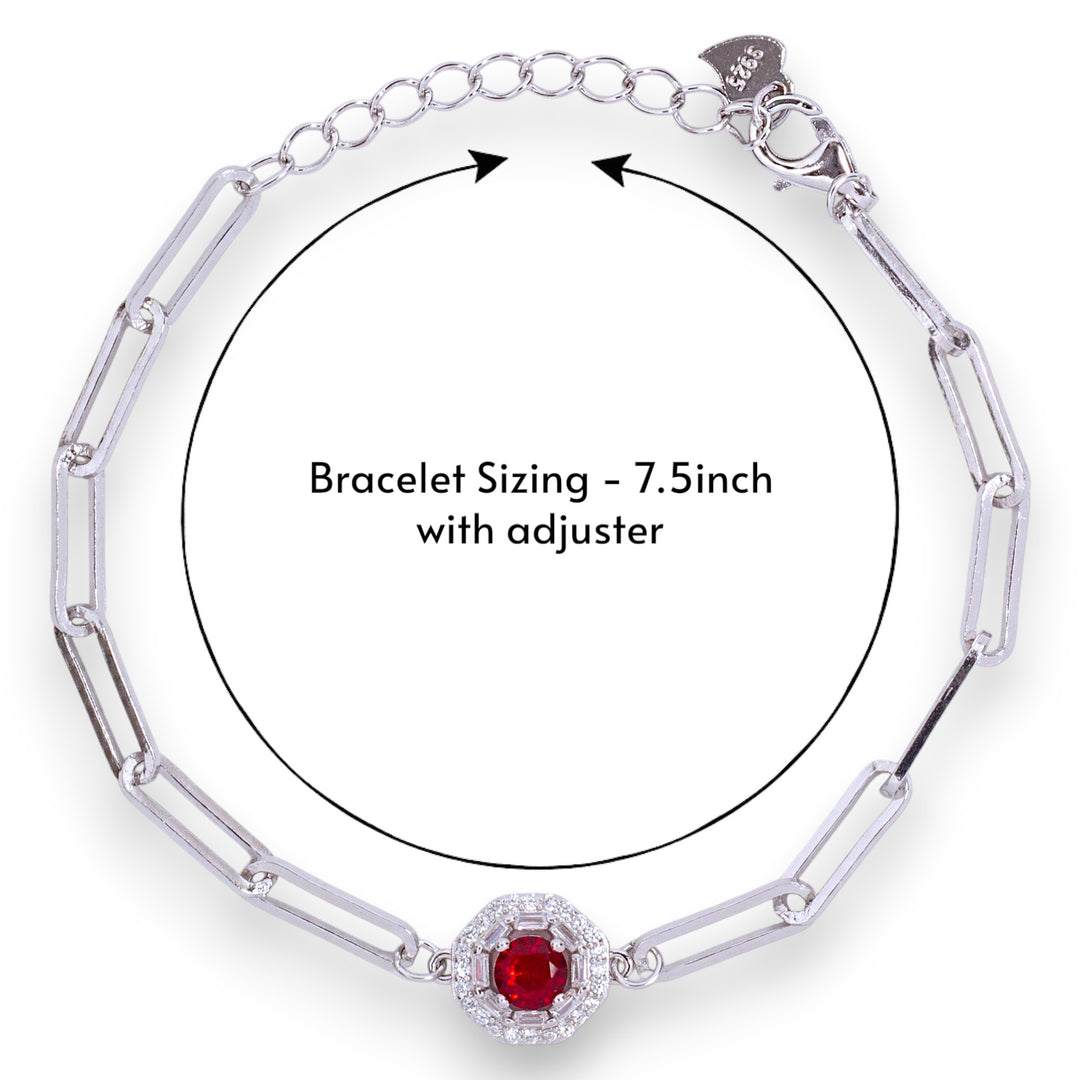 925 Sterling Silver Red CZ Circle Paper Link Chain Bracelet for Women