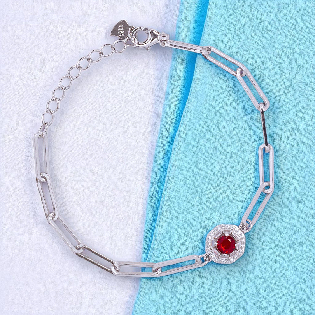 925 Sterling Silver Red CZ Circle Paper Link Chain Bracelet for Women