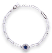 925 Sterling Silver Octagon Shape Blue CZ  Paperlink Chain Bracelet for Women