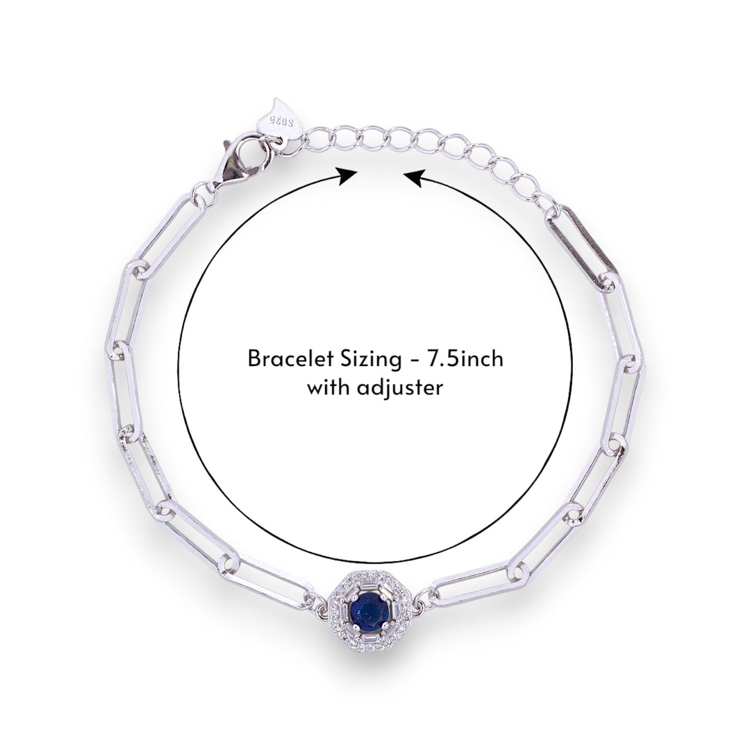 925 Sterling Silver Octagon Shape Blue CZ  Paperlink Chain Bracelet for Women