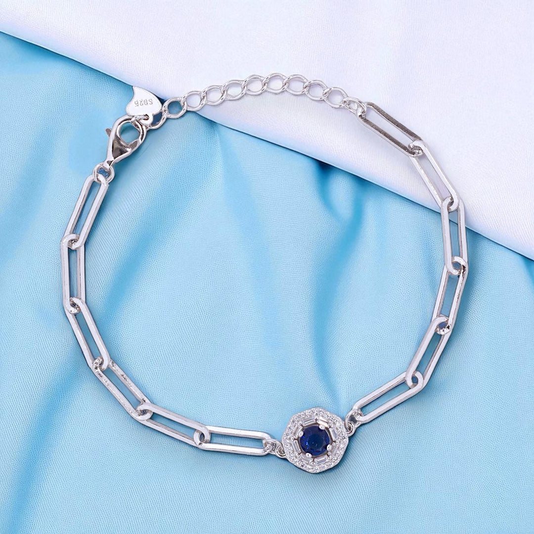 925 Sterling Silver Octagon Shape Blue CZ  Paperlink Chain Bracelet for Women