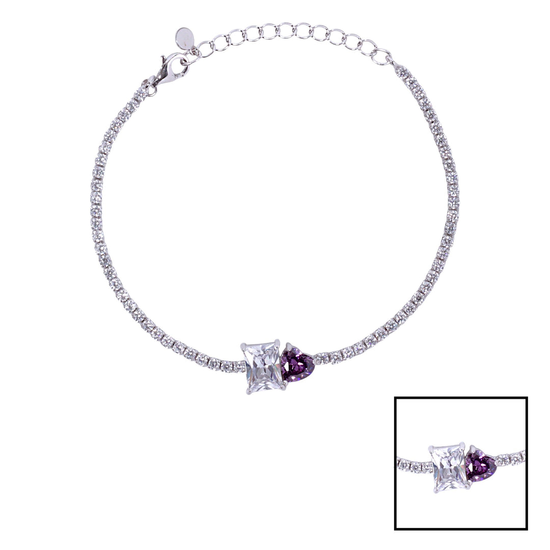 925 Sterling Silver Square Violet Heart Cz Bracelet For Women